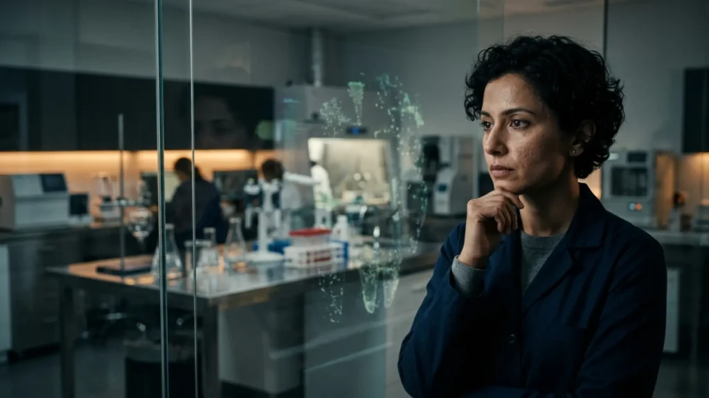 A wide cinematic editorial portrait for an investigative report on oral health, featuring a person in a high-end clinical lab with subtle microbiome data visualizations, 16:9 aspect ratio.