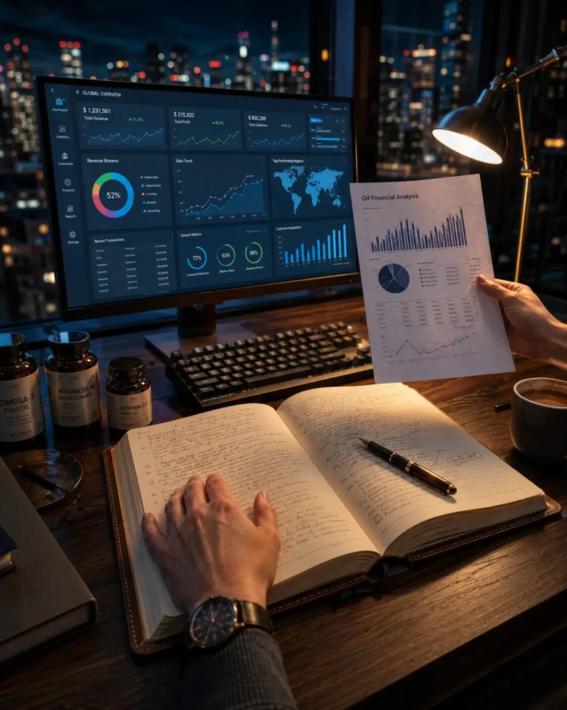 Scientific editorial workspace focused on biotechnology cognitive performance and digital systems analysis